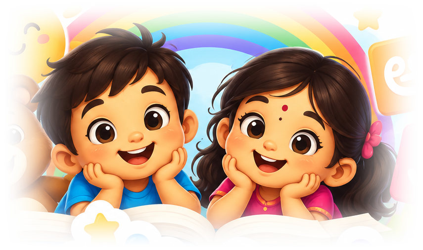 Smiling BujjiWorld boy and girl reading together